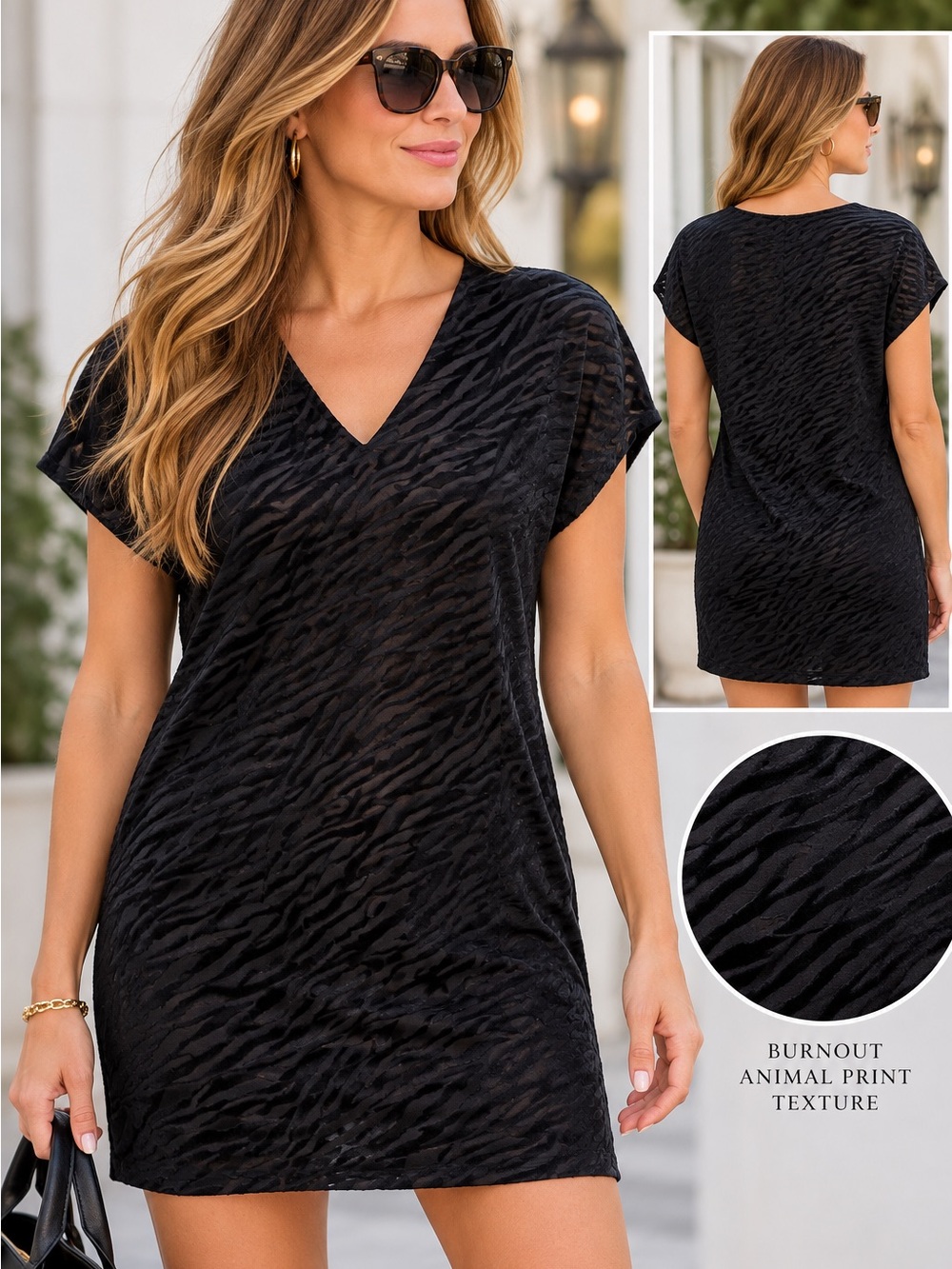 Mango Women’s Black Burnout Animal Print Mini Shift Dress V-Neck size large